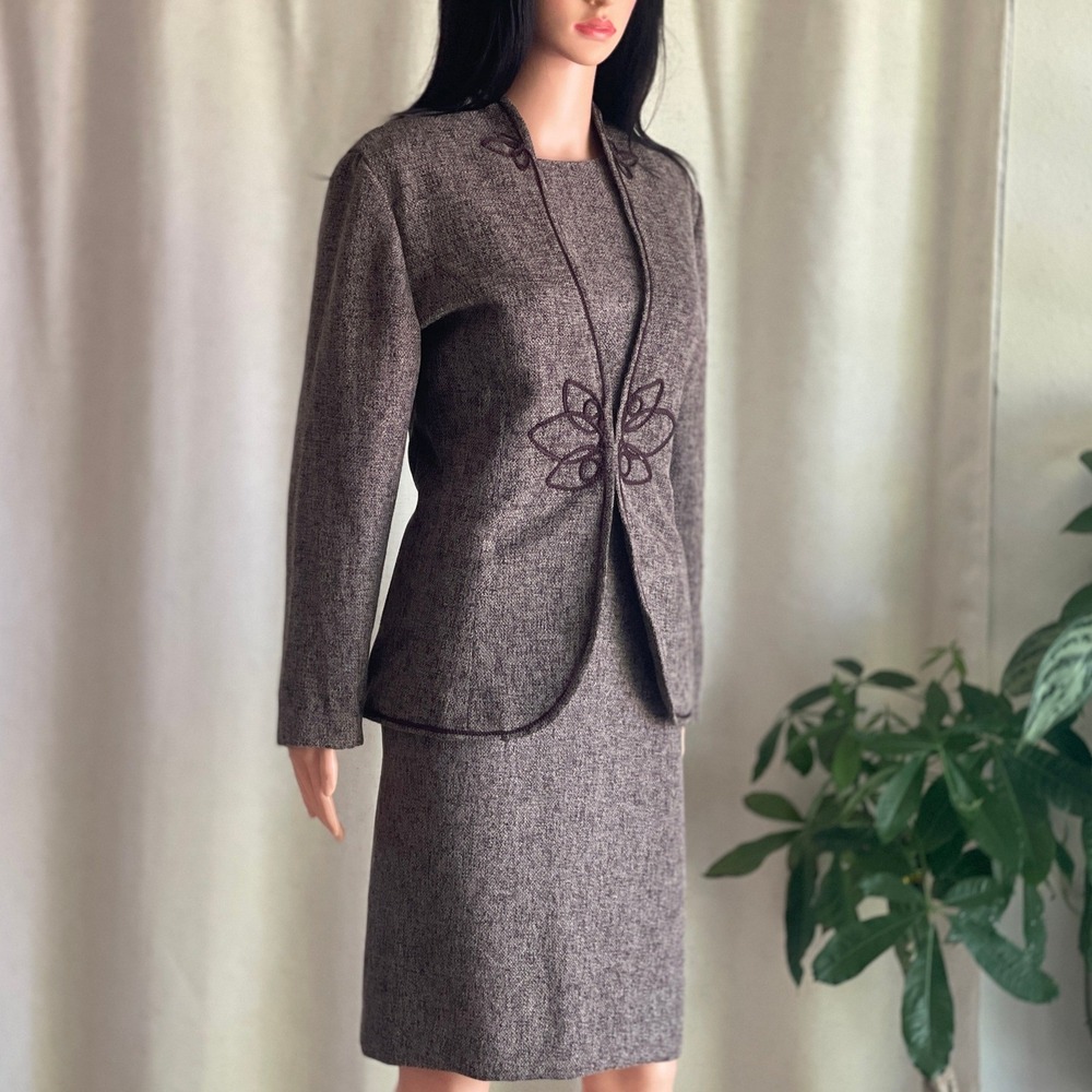 Vtg 90s Brown Tweed Suit Set Embroidered Blazer Dress Dark Academia Career 16